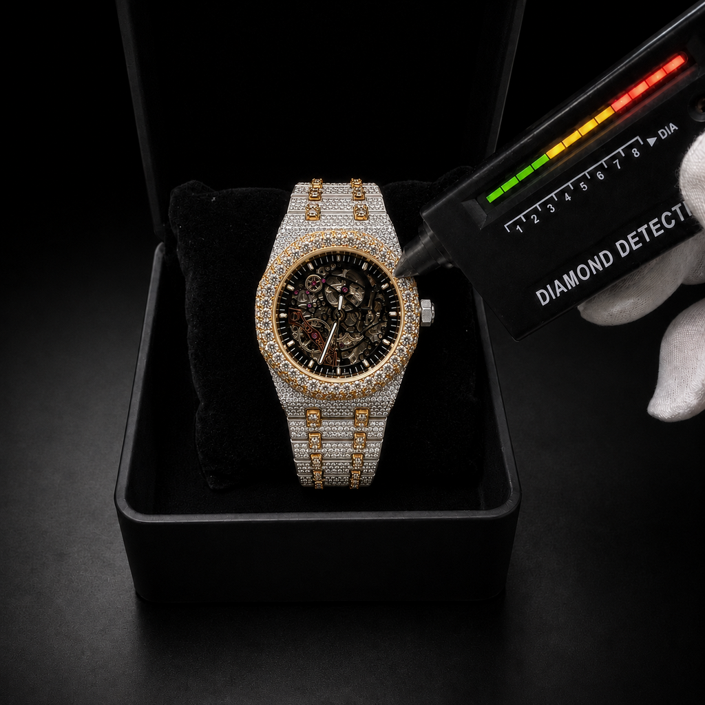 Men’s Luxury Bust Down Skeleton Watch Two Tone White Yellow Gold Finish