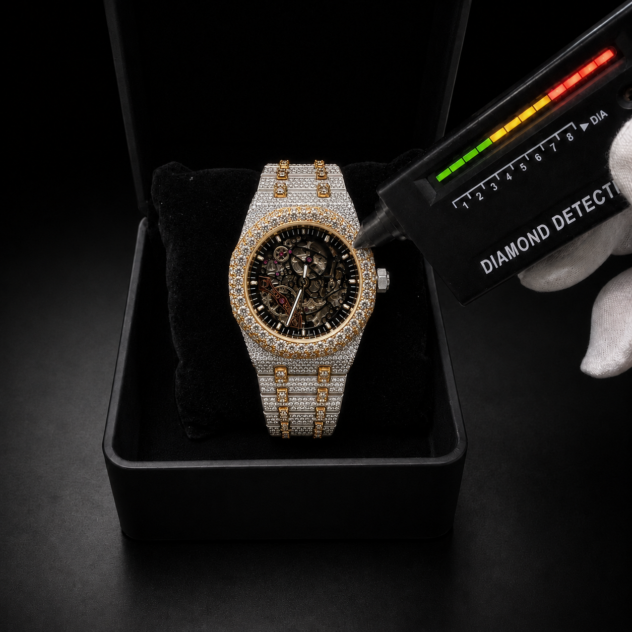 Men’s Luxury Bust Down Skeleton Watch Two Tone White Yellow Gold Finish