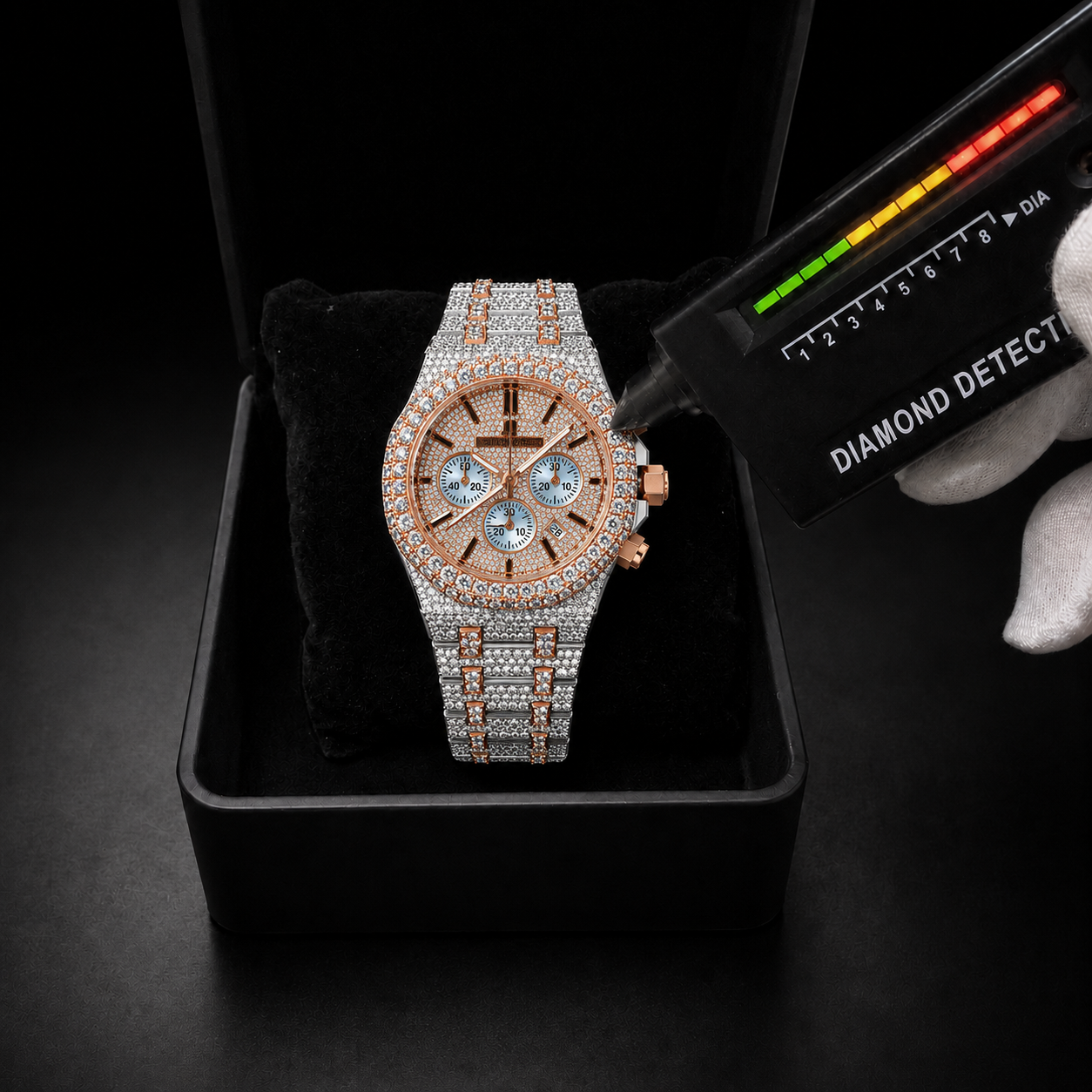 Two Tone Rose Gold White Gold Iced Out Watch for Men Chronograph Style
