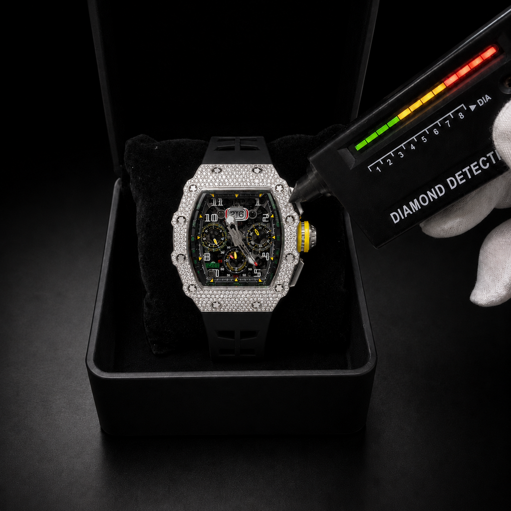 Luxury Men’s Iced Out Watch with Black Rubber Strap and White Gold Finish
