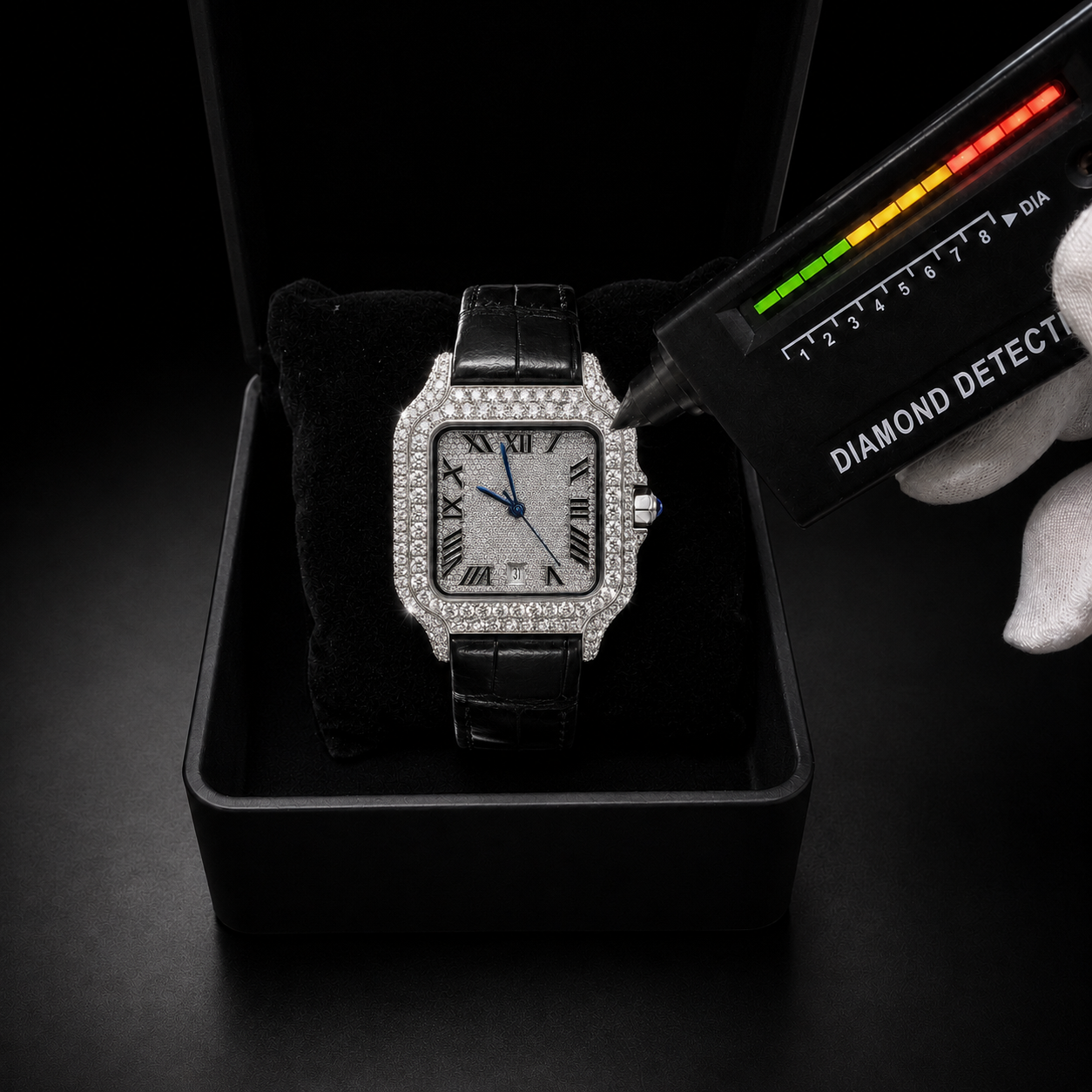 VVS Moissanite Men’s Watch with White Gold Finish and Leather Belt