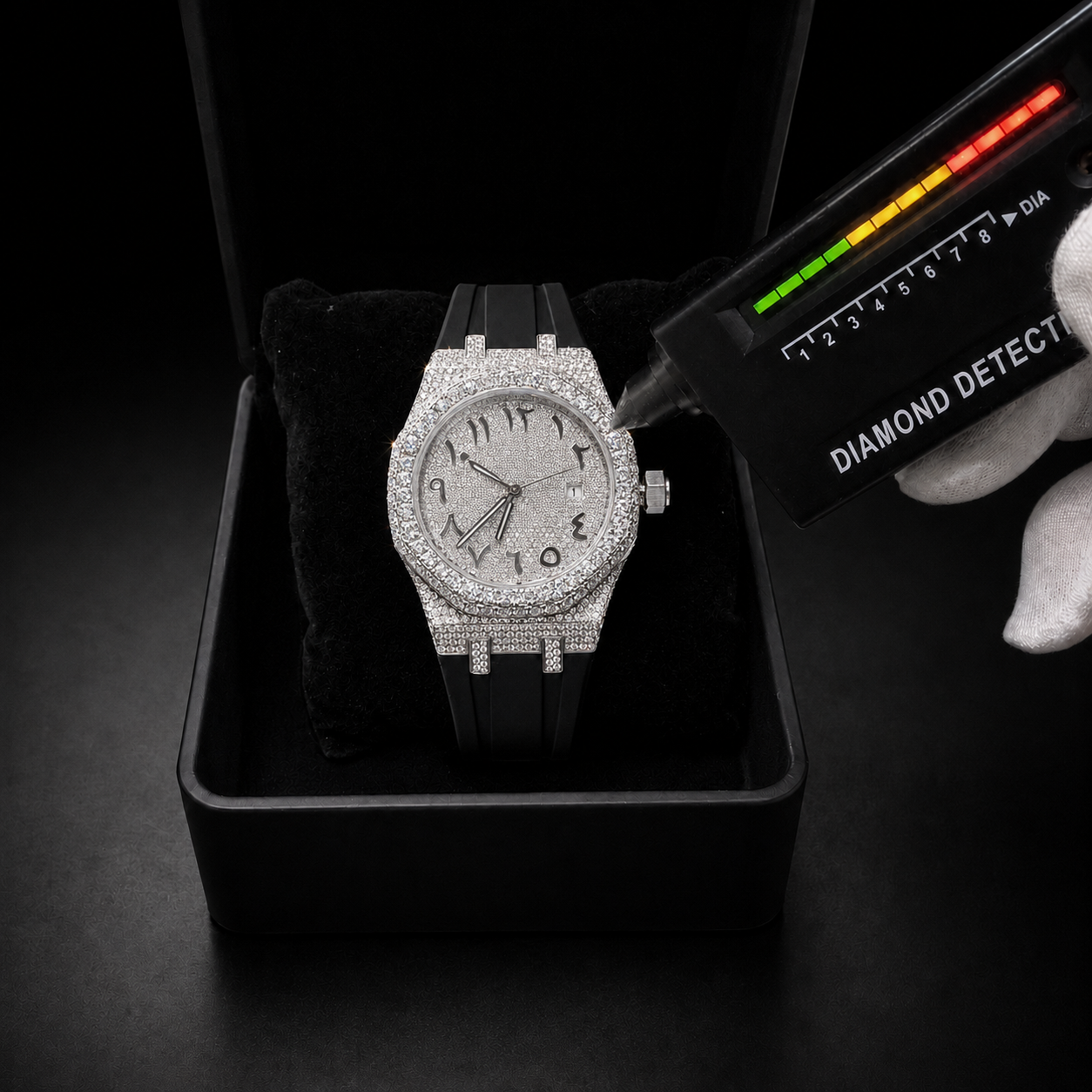 White Gold Finish Arabic Dial Iced Out Watch for Men Rubber Strap