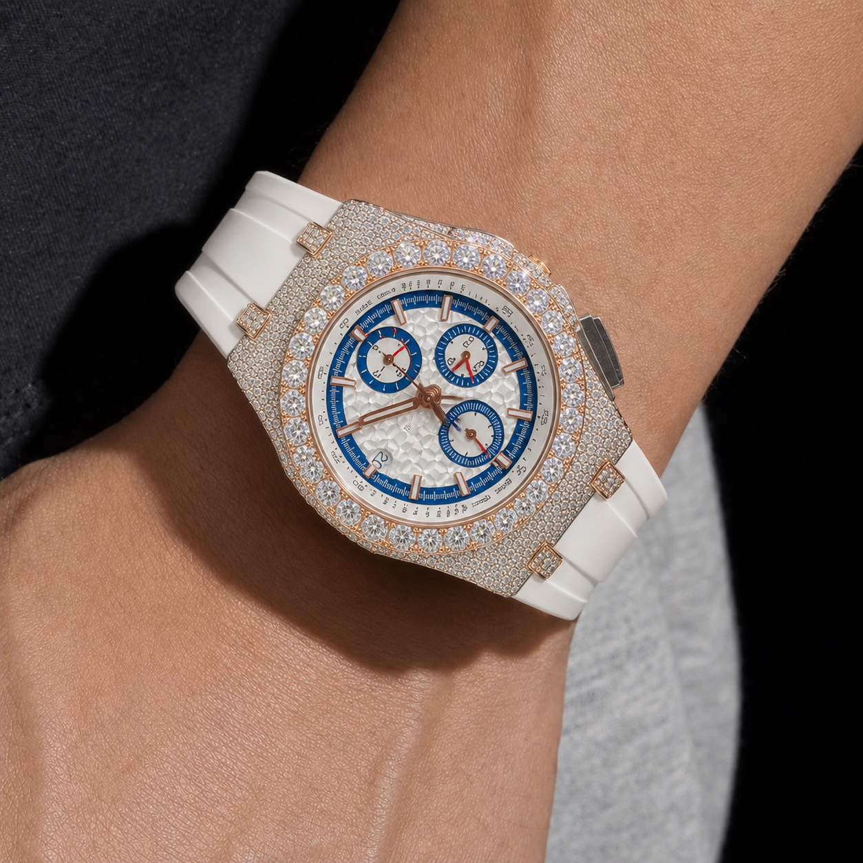 White Strap Iced Out Chronograph Watch with Rose Gold Finish