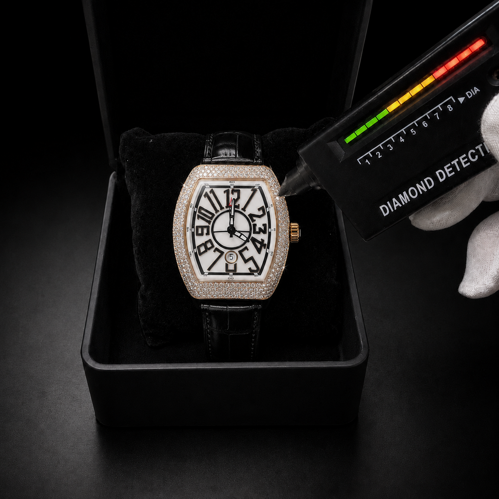 VVS Moissanite Bust Down Watch with Black Leather Strap