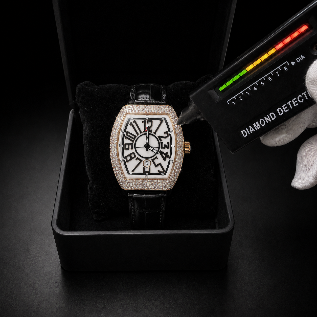 VVS Moissanite Bust Down Watch with Black Leather Strap