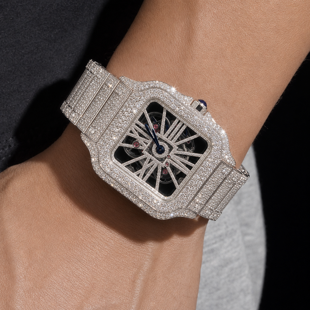 Men’s Skeleton Iced Out Watch VVS1 Moissanite Roman Dial Luxury Hip Hop Jewelry