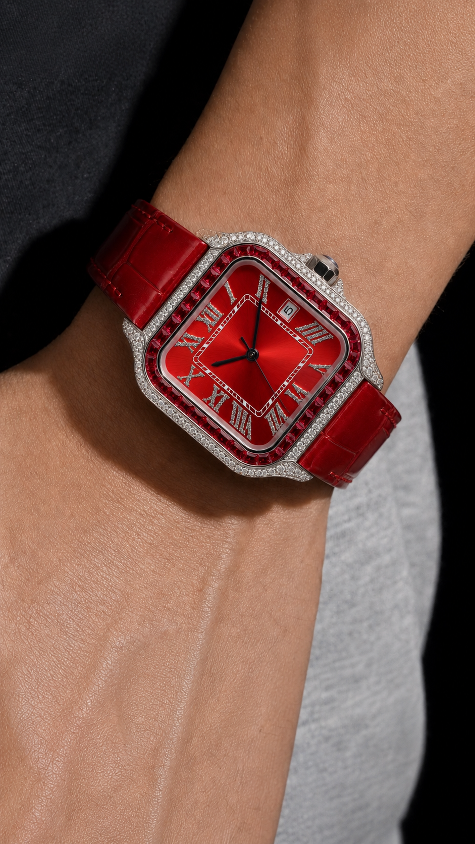 Square Red Dial Moissanite Watch with Iced Bezel – 41MM