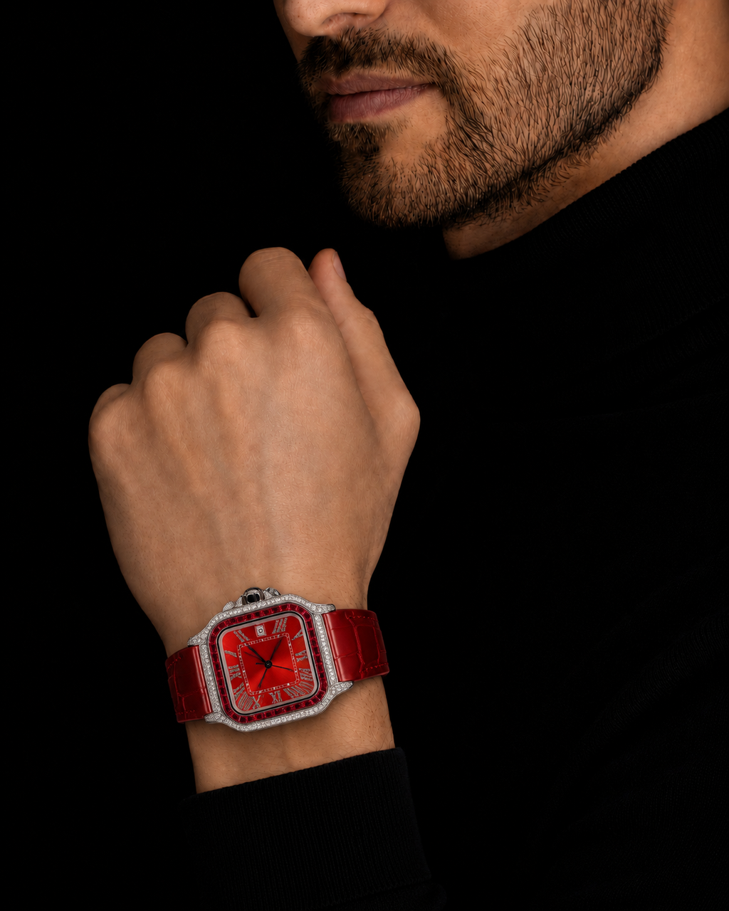Square Red Dial Moissanite Watch with Iced Bezel – 41MM