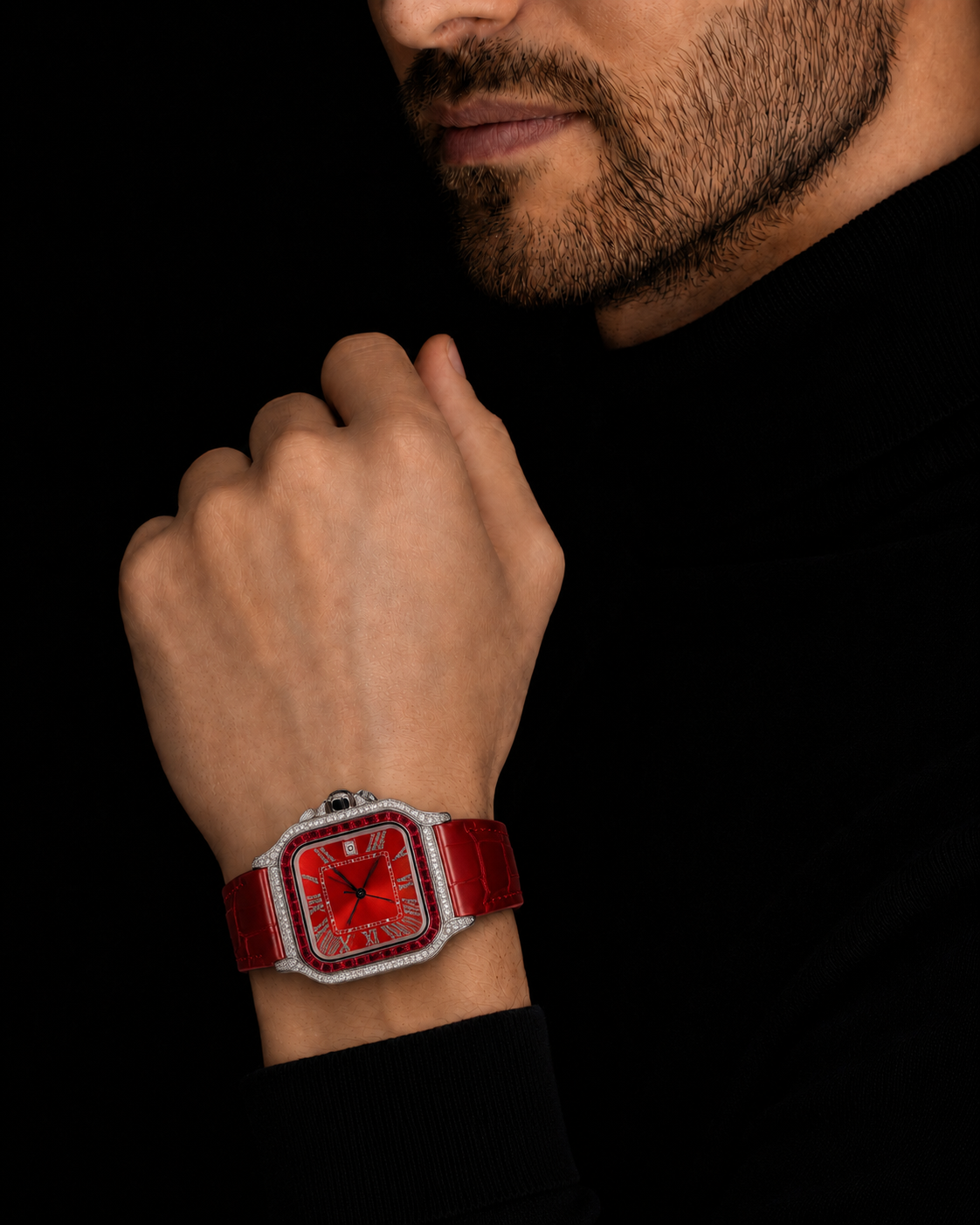 Square Red Dial Moissanite Watch with Iced Bezel – 41MM