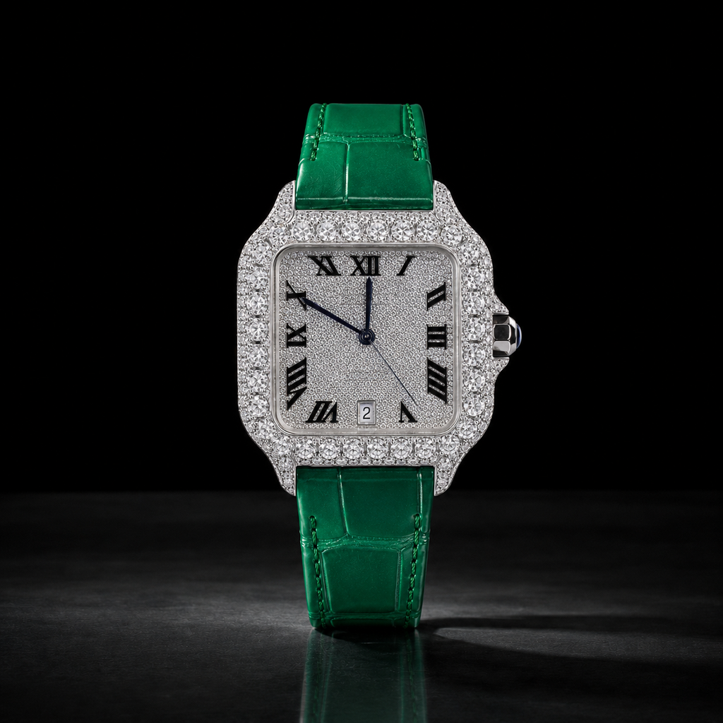 Men’s Iced Out Green Leather Strap VVS Moissanite Watch