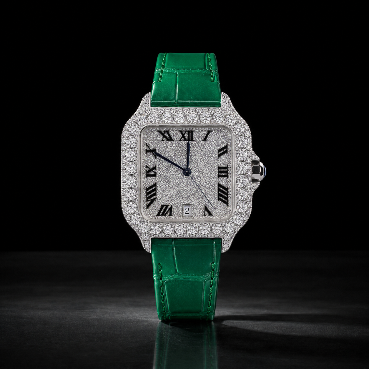 Men’s Iced Out Green Leather Strap VVS Moissanite Watch