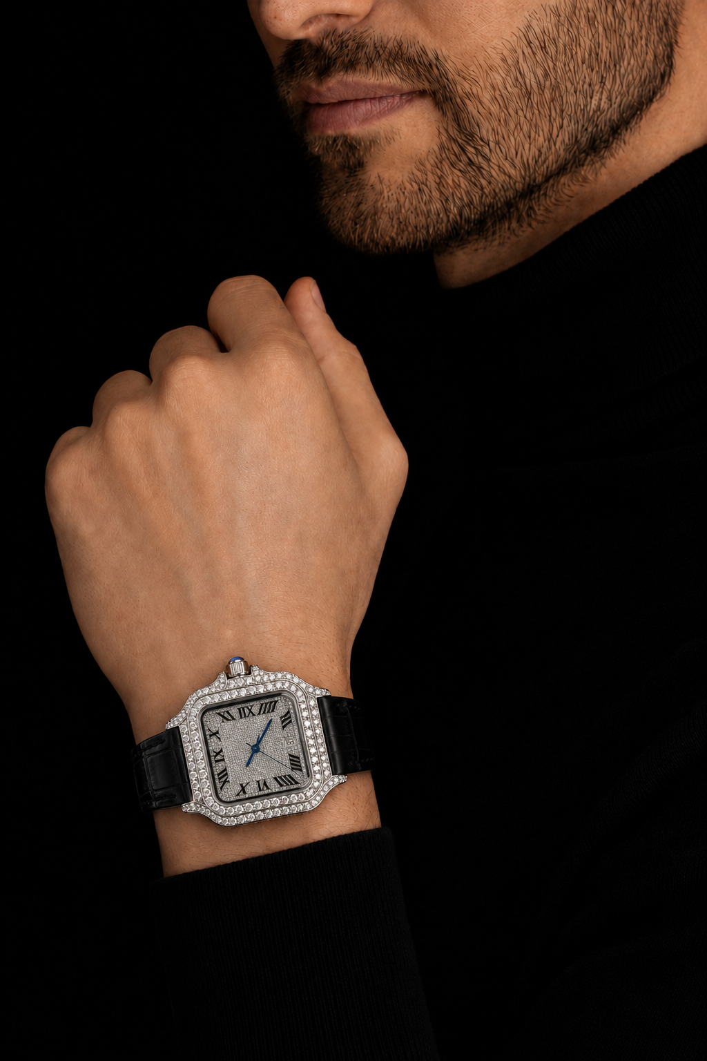 VVS Moissanite Men’s Watch with White Gold Finish and Leather Belt
