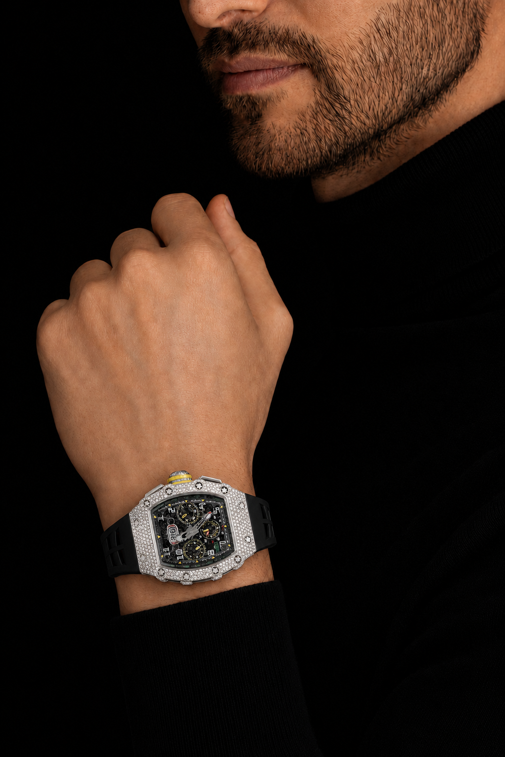 Luxury Men’s Iced Out Watch with Black Rubber Strap and White Gold Finish