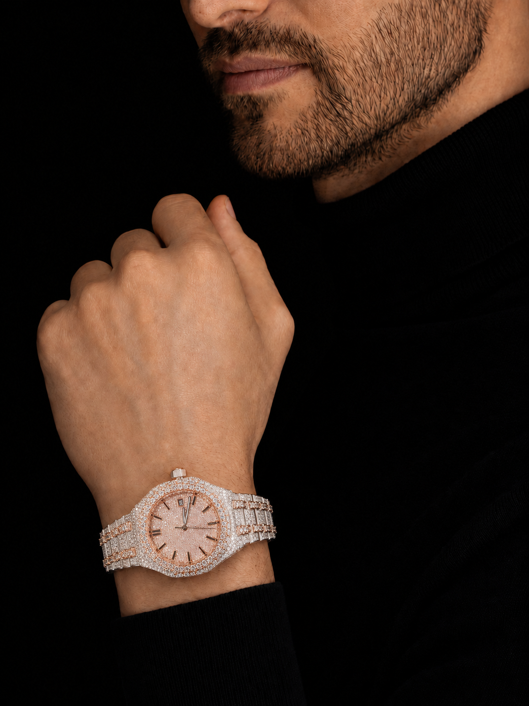 VVS  Moissanite Iced Out Watch for Men's Rose Gold Two Tone Bust Down