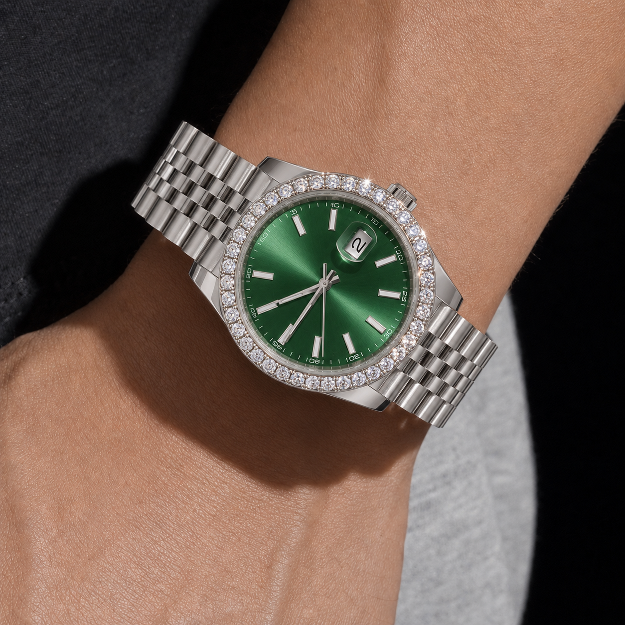 Green Dial Iced Out Moissanite Watch with Jubilee Bracelet