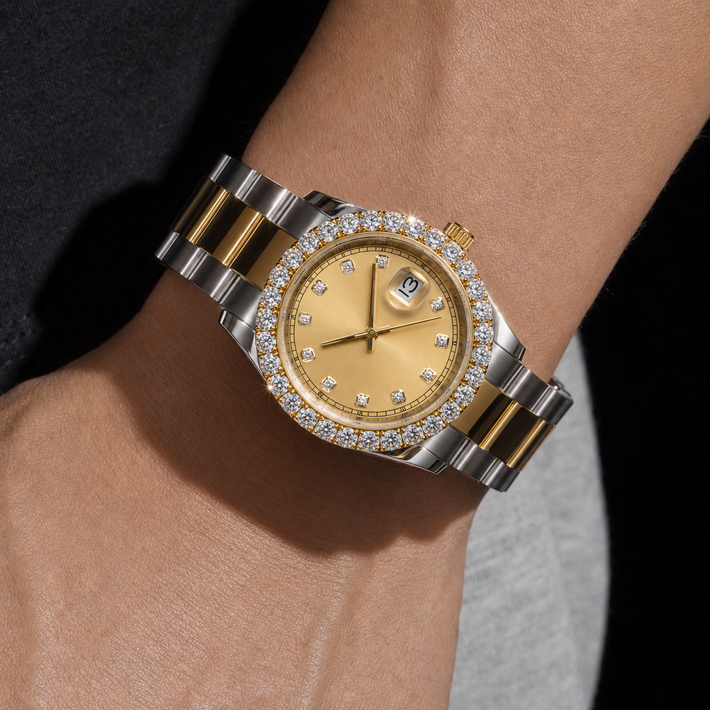 Men’s Luxury Two Tone Watch Yellow Gold Dial Diamond Bezel