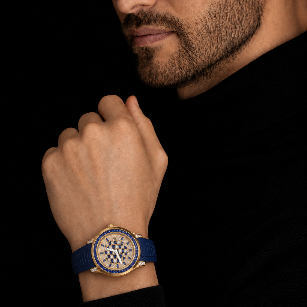 Blue Dial Iced Out Watch for Men Yellow Gold Finish with Rubber Strap