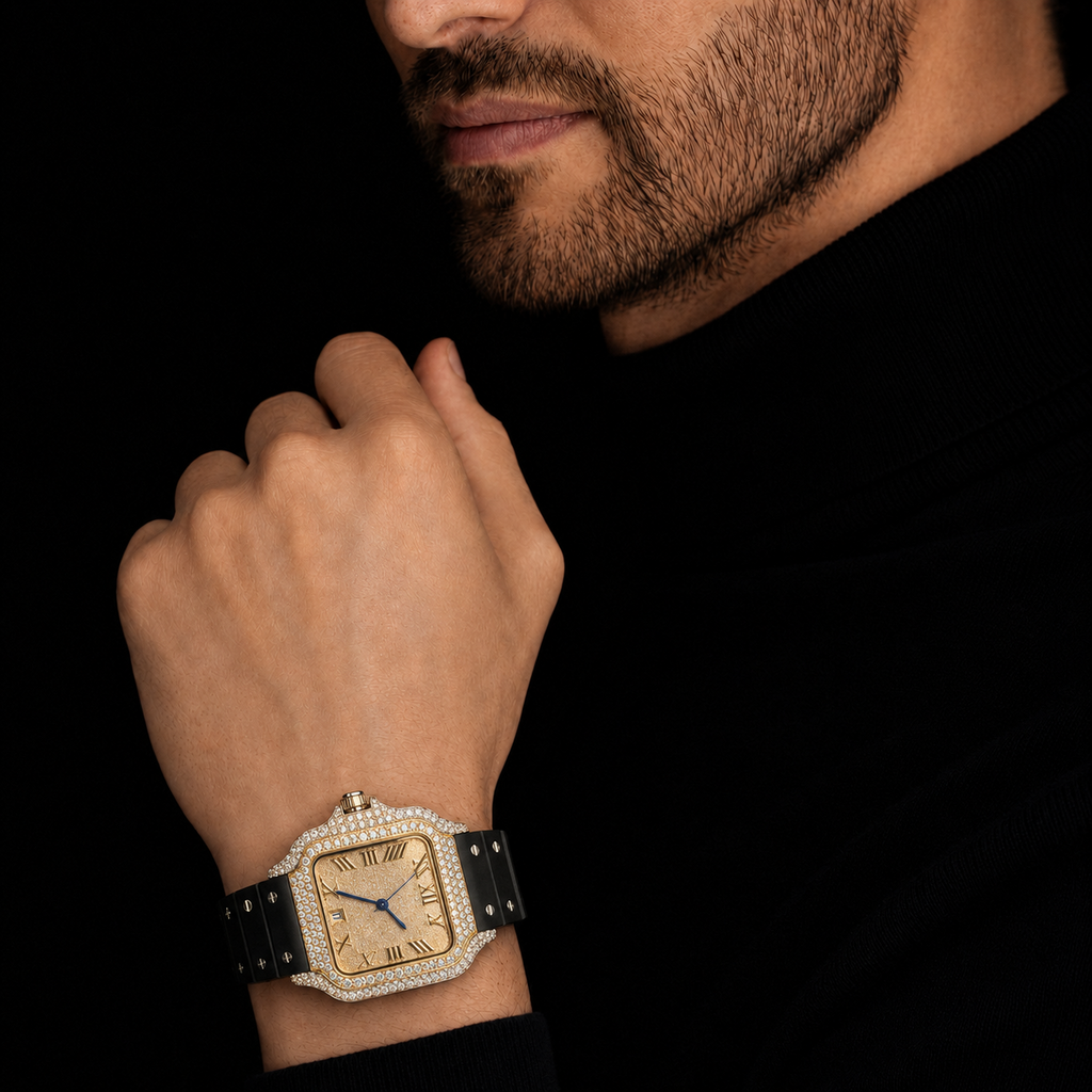 VVS Moissanite Bust Down Watch with Rubber Strap for Men