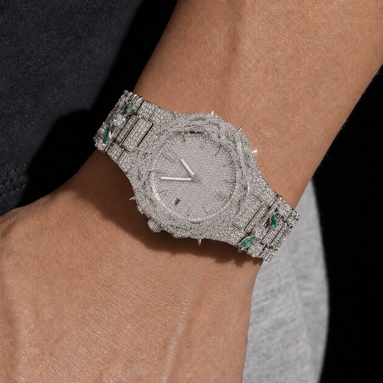White Gold Finish Thorn Iced Out Watch for Men Hip Hop Bust Down Jewelry