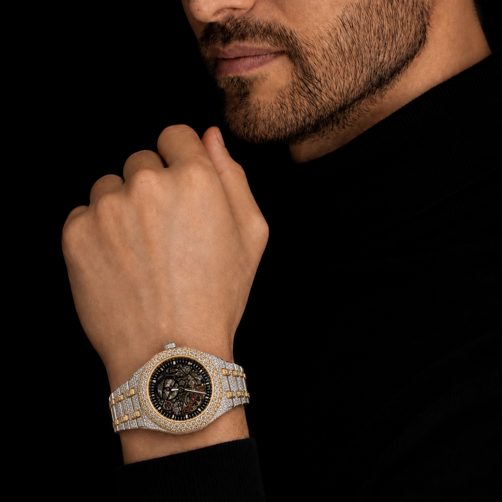 Men’s Luxury Bust Down Skeleton Watch Two Tone White Yellow Gold Finish