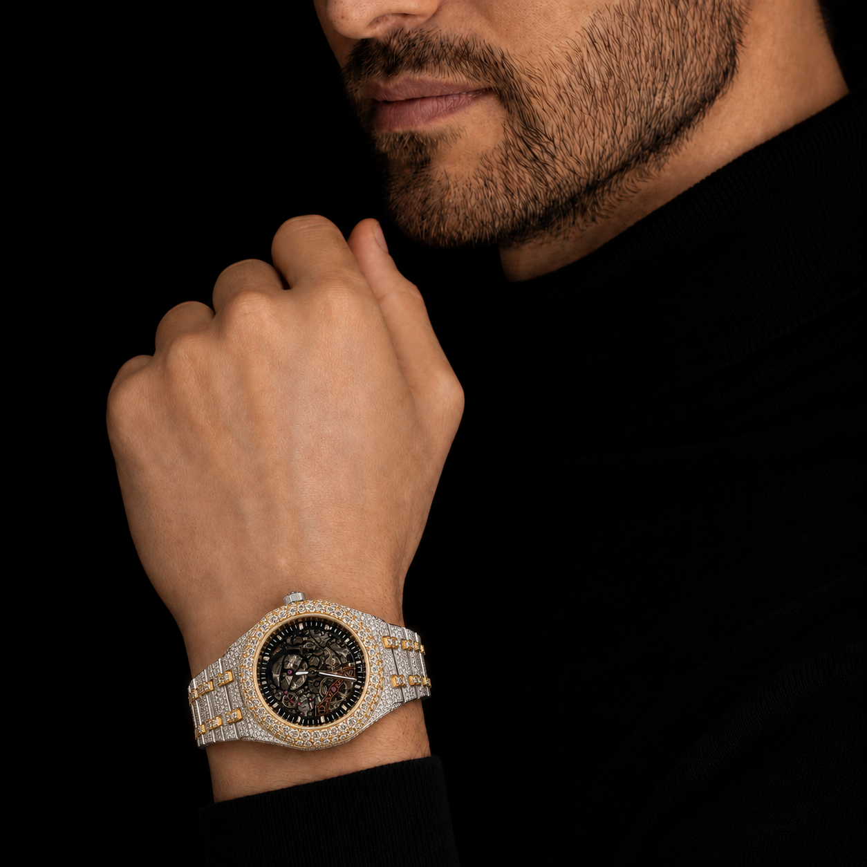 Men’s Luxury Bust Down Skeleton Watch Two Tone White Yellow Gold Finish