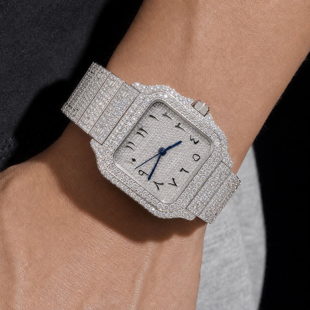 VVS Moissanite Square Dial Watch 40mm Arabic Bust Down