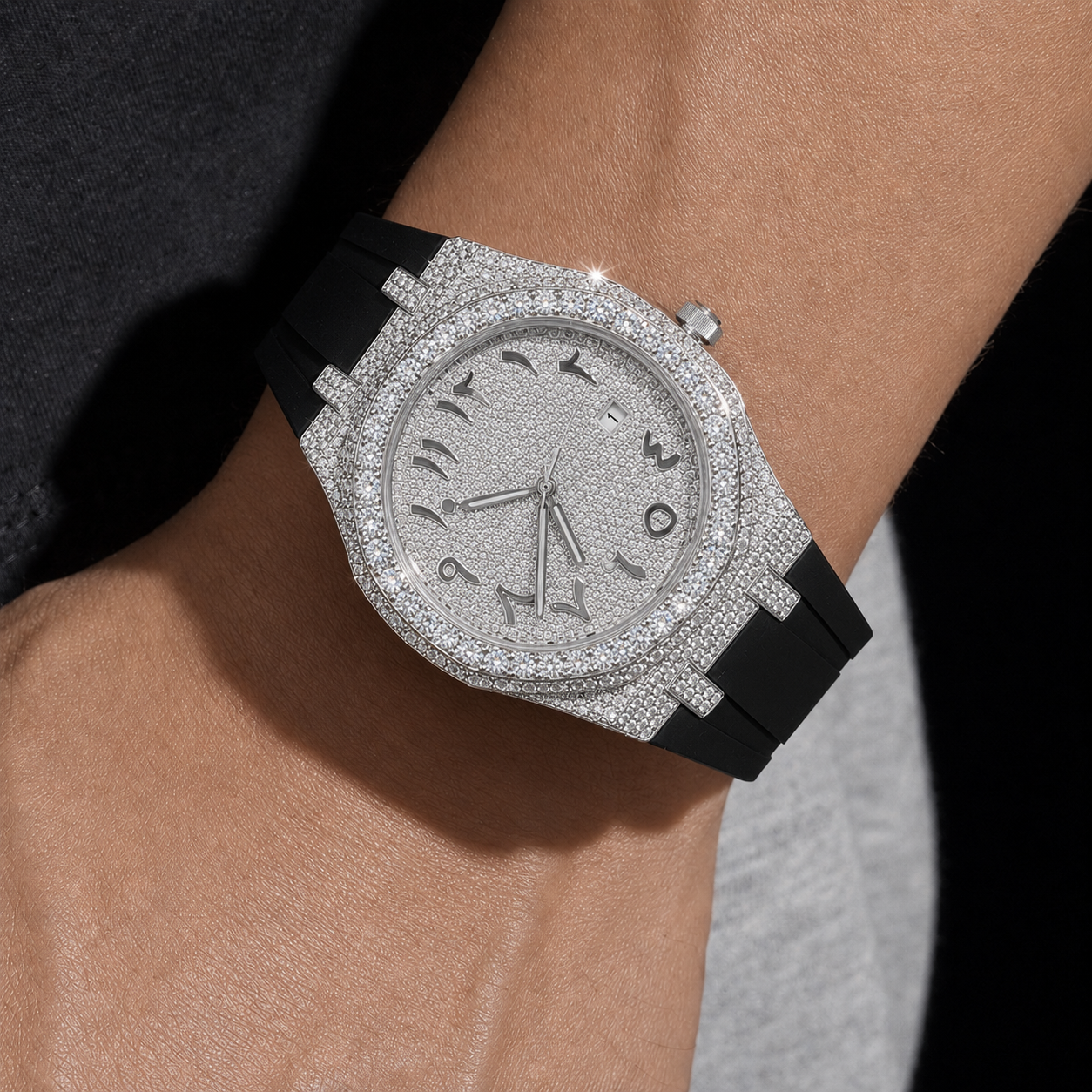 White Gold Finish Arabic Dial Iced Out Watch for Men Rubber Strap