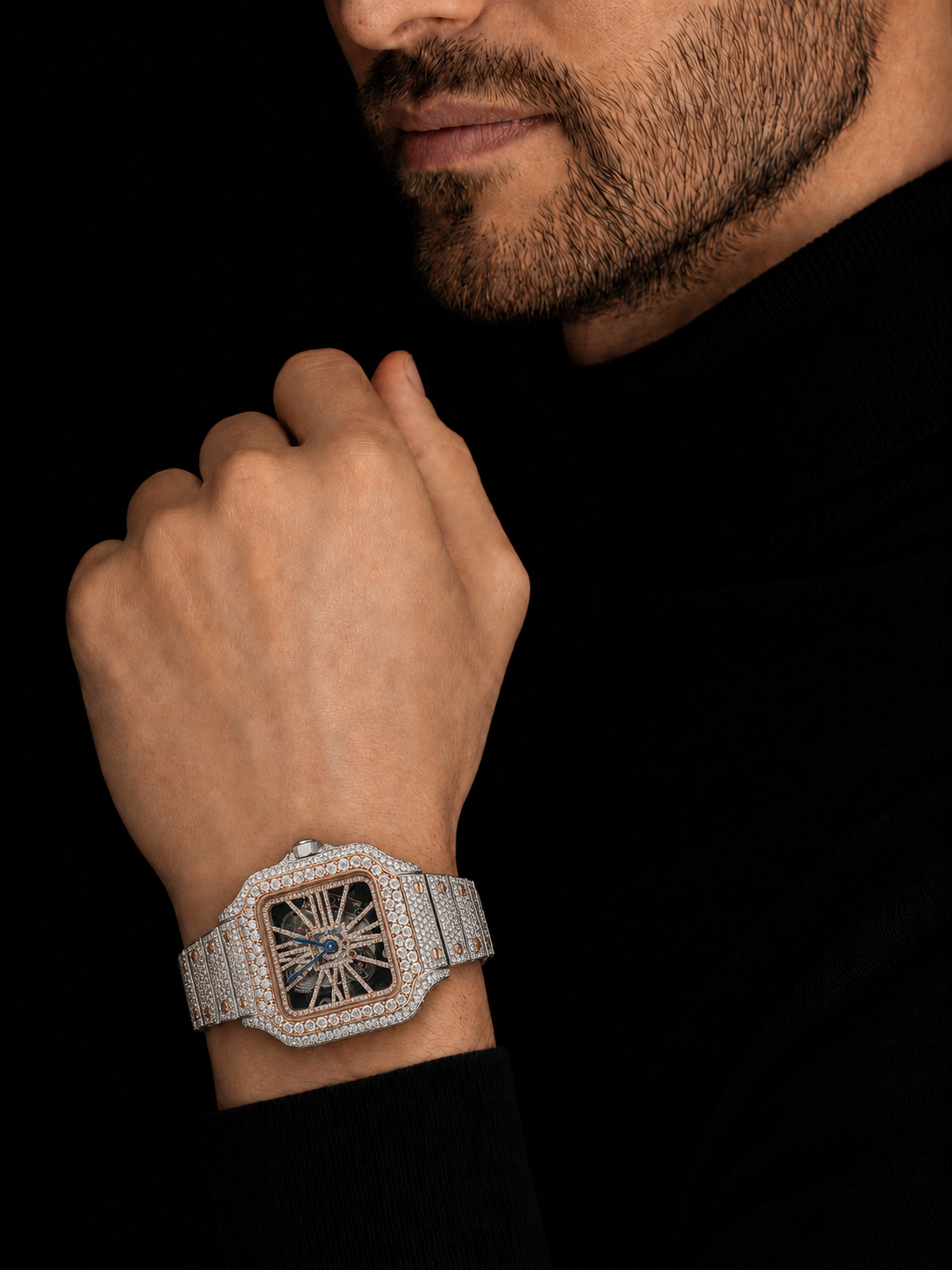 Luxury Two Tone Iced Out Watch for Men Moissanite Skeleton Roman Dial