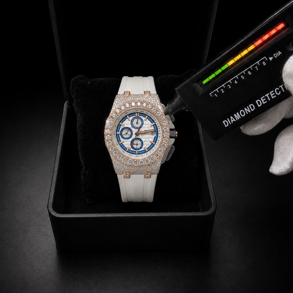 White Strap Iced Out Chronograph Watch with Rose Gold Finish