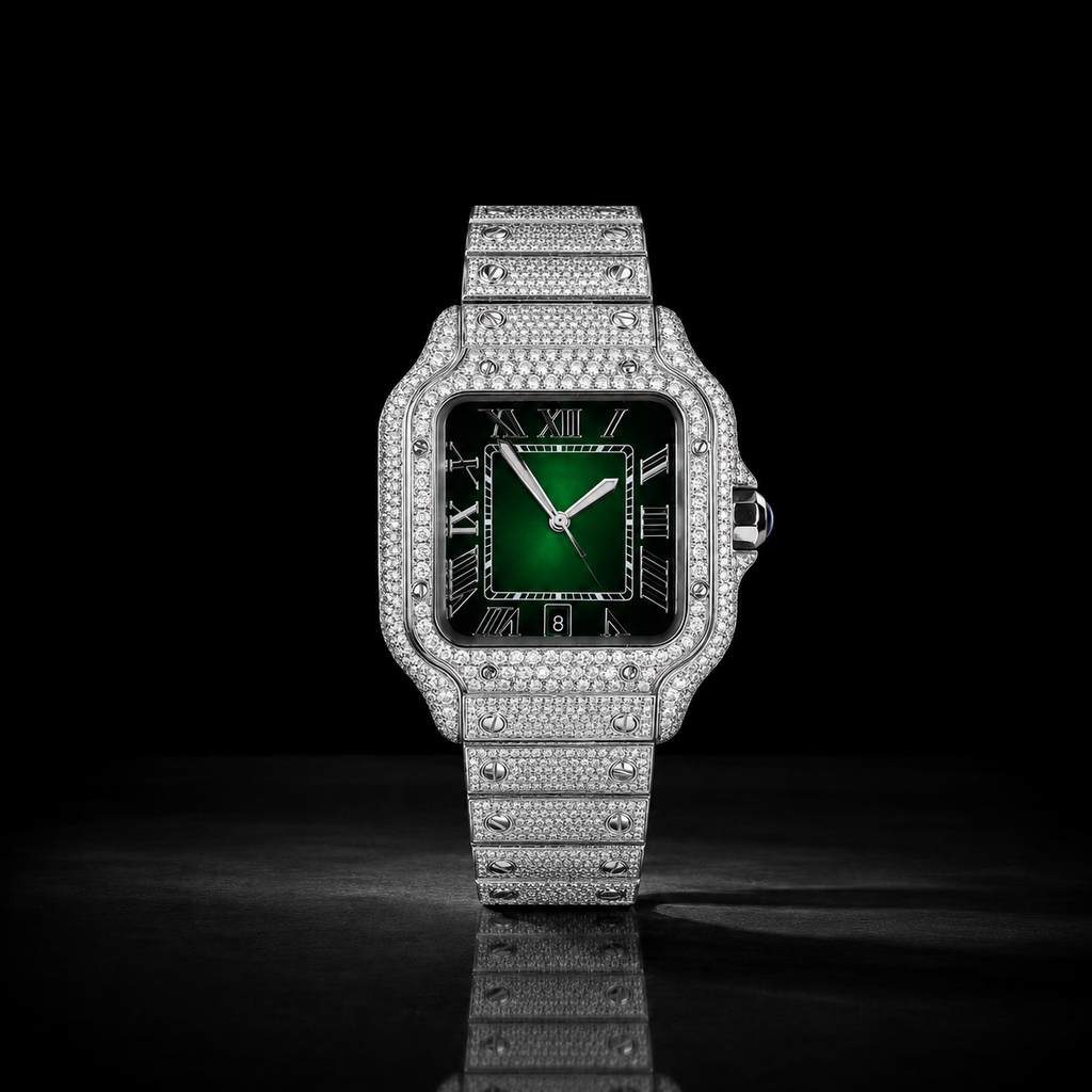 Men’s Iced Out Green VVS Moissanite Roman Dial Watch