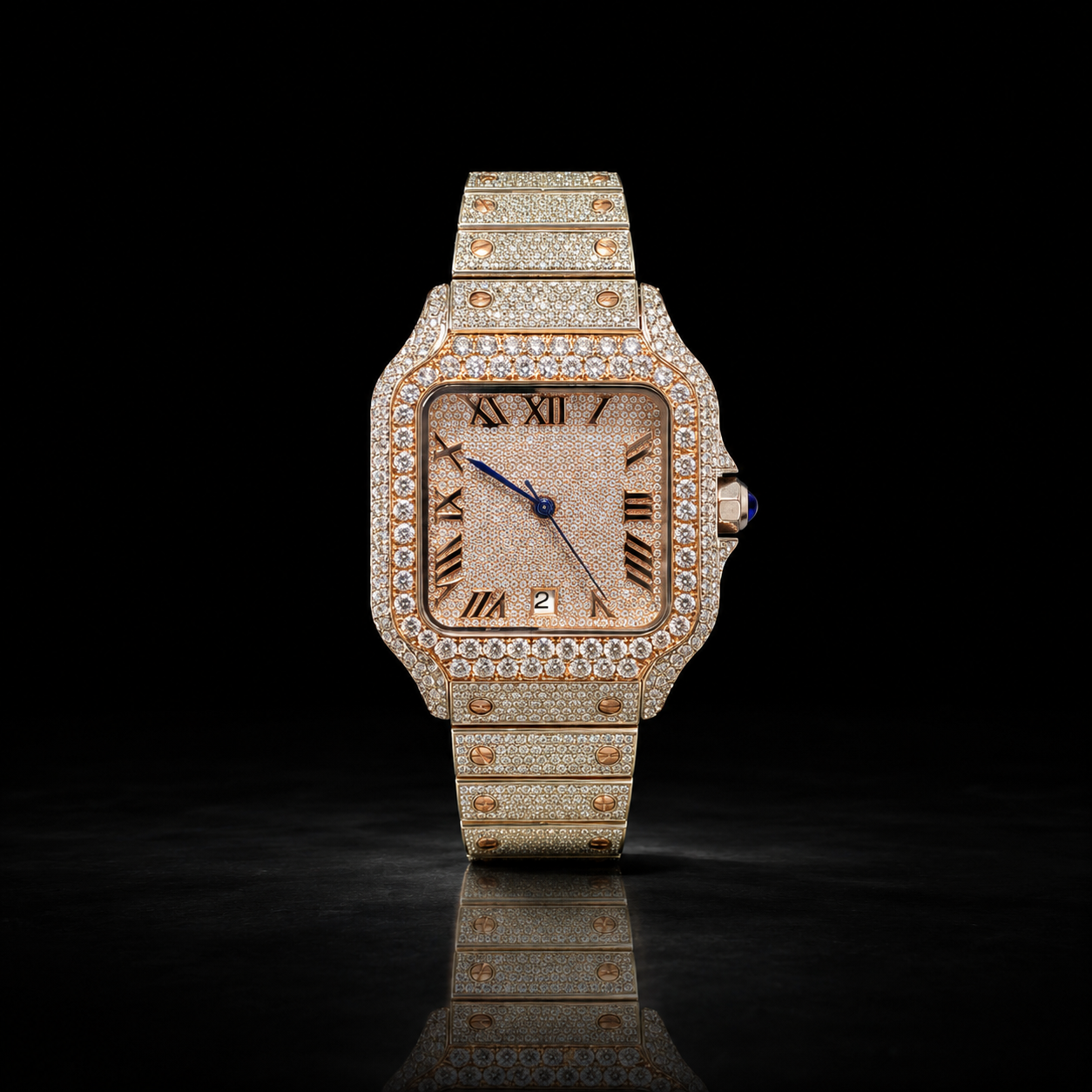 Men's Rose Gold Roman Dial VVS Moissanite Iced Out Watch