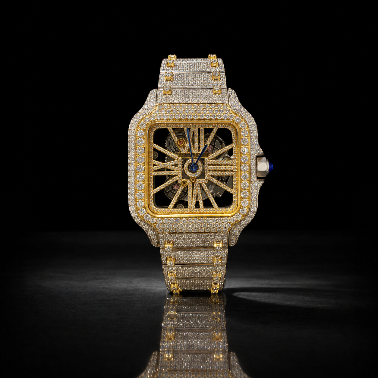 Two Tone Yellow Gold White Gold Iced Out Watch for Men Skeleton Style