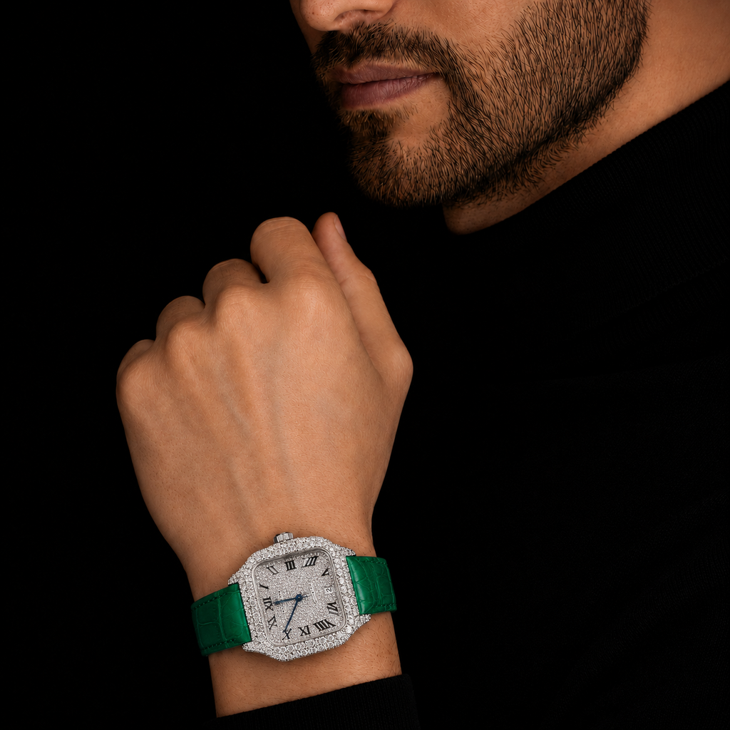 Men’s Iced Out Green Leather Strap VVS Moissanite Watch