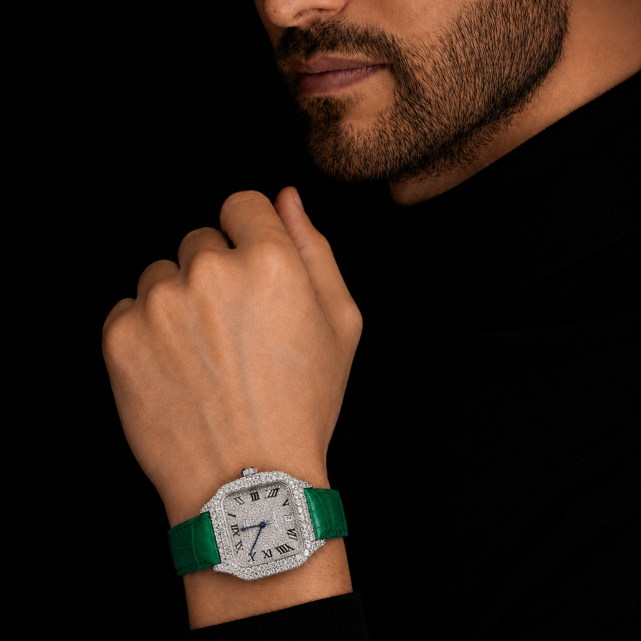 Men’s Iced Out Green Leather Strap VVS Moissanite Watch