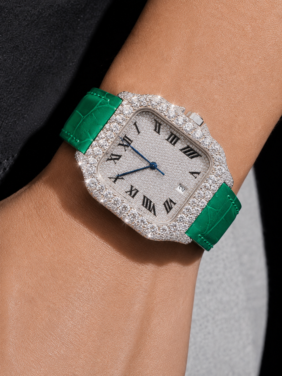 Men’s Iced Out Green Leather Strap VVS Moissanite Watch