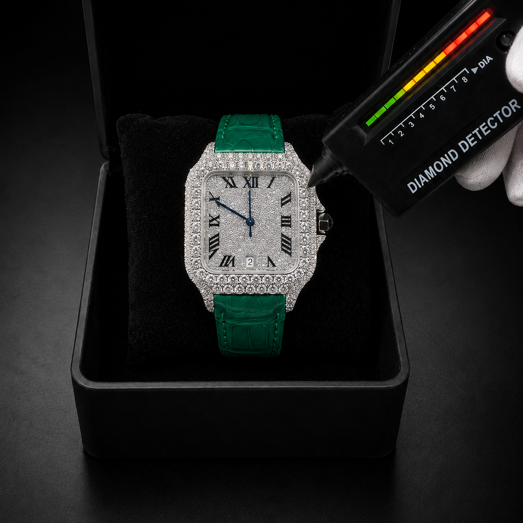 Men’s Iced Out Green Leather Strap VVS Moissanite Watch