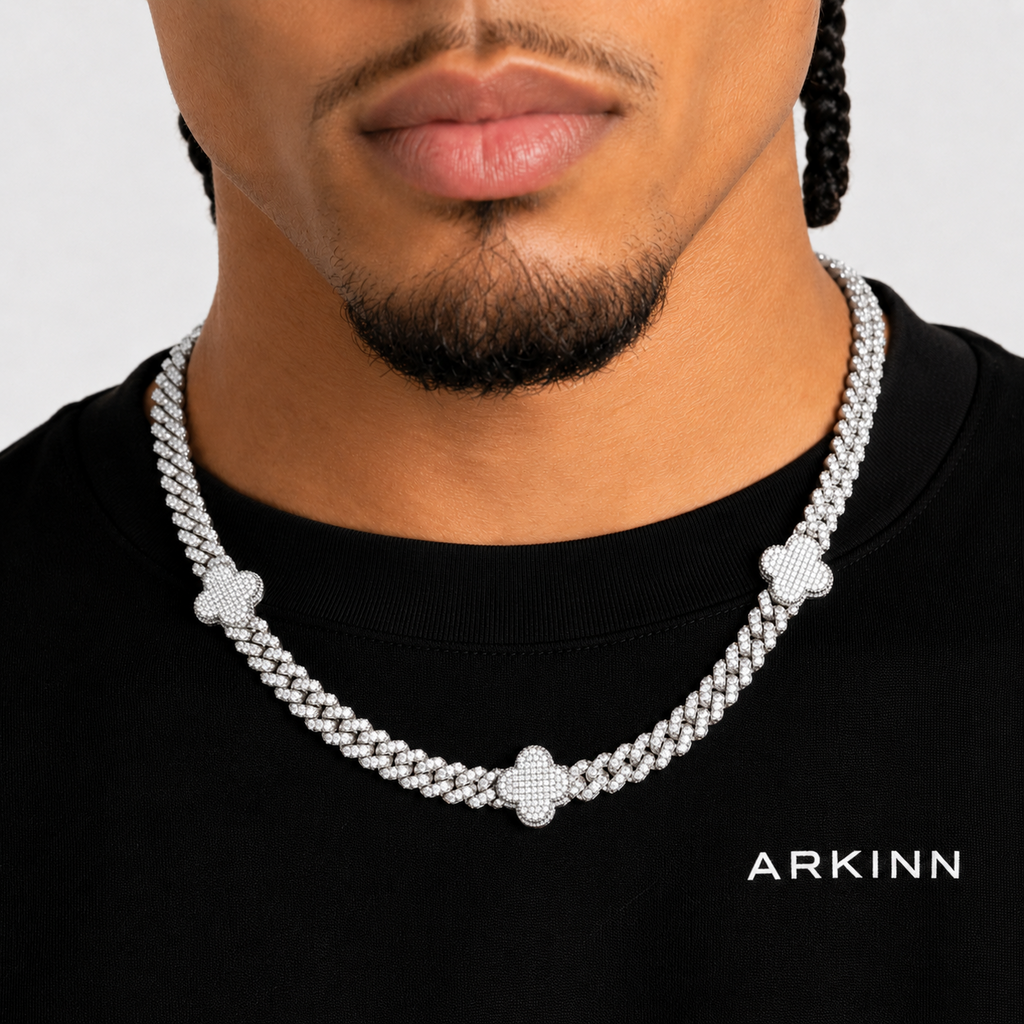 VVS Moissanite Clover Cuban Link Chain – White Gold Finish Iced Out Necklace