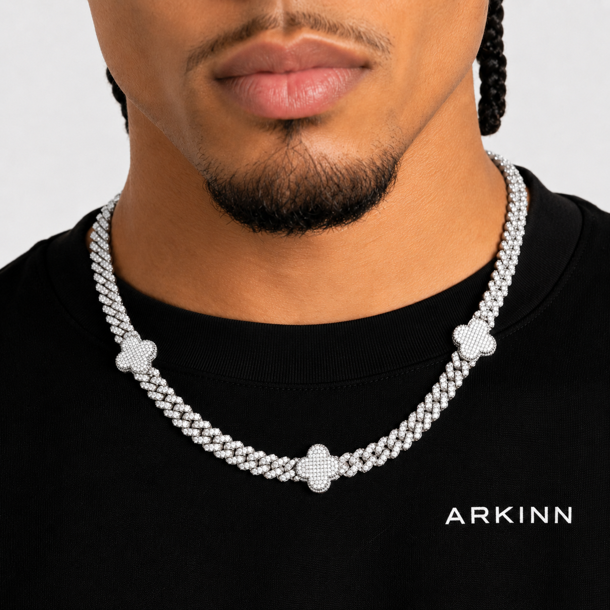 VVS Moissanite Clover Cuban Link Chain – White Gold Finish Iced Out Necklace