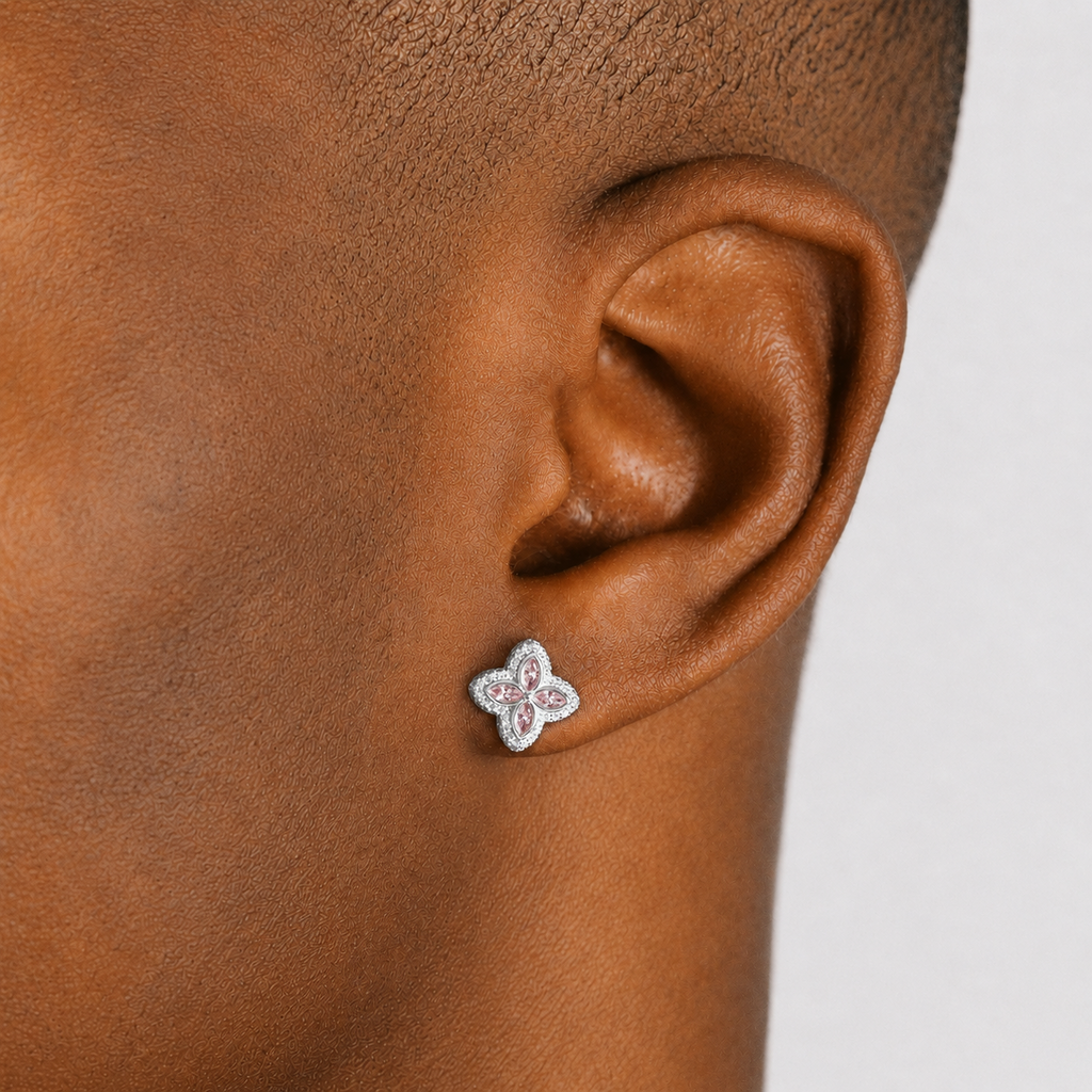 Iced Pink Clover Earrings for Men