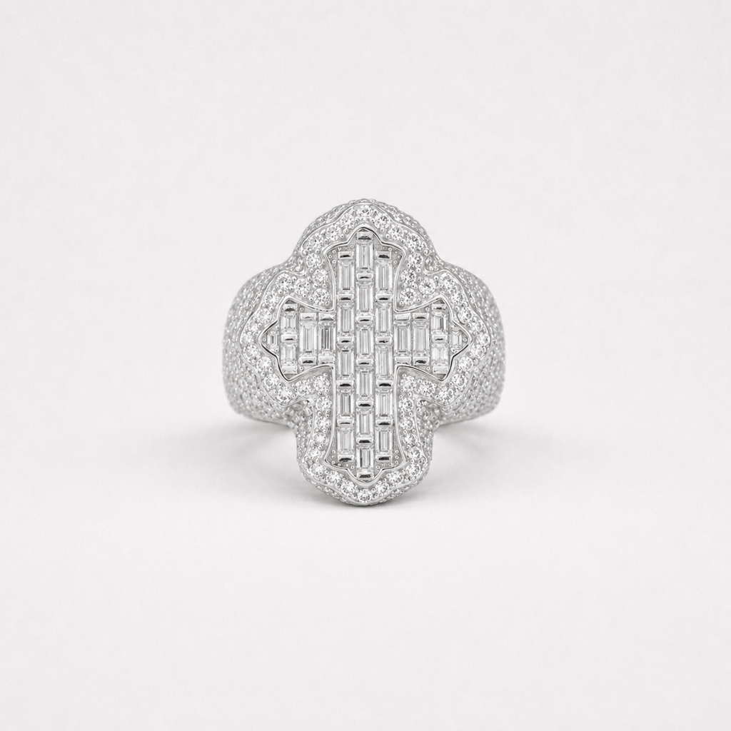 Luxury VVS Fleur Cross Ring in 14K Gold