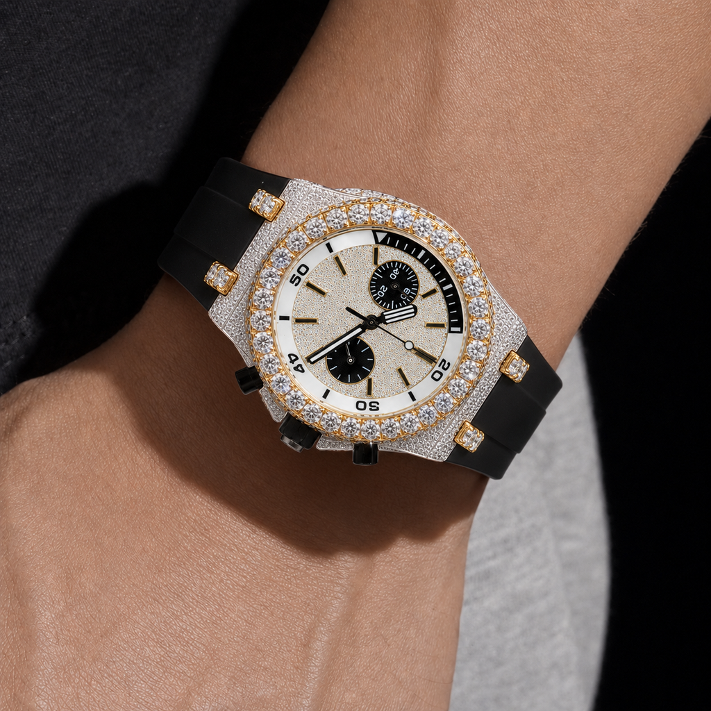 Men’s Iced Out Chronograph Watch VVS Moissanite Bust Down Rubber Strap