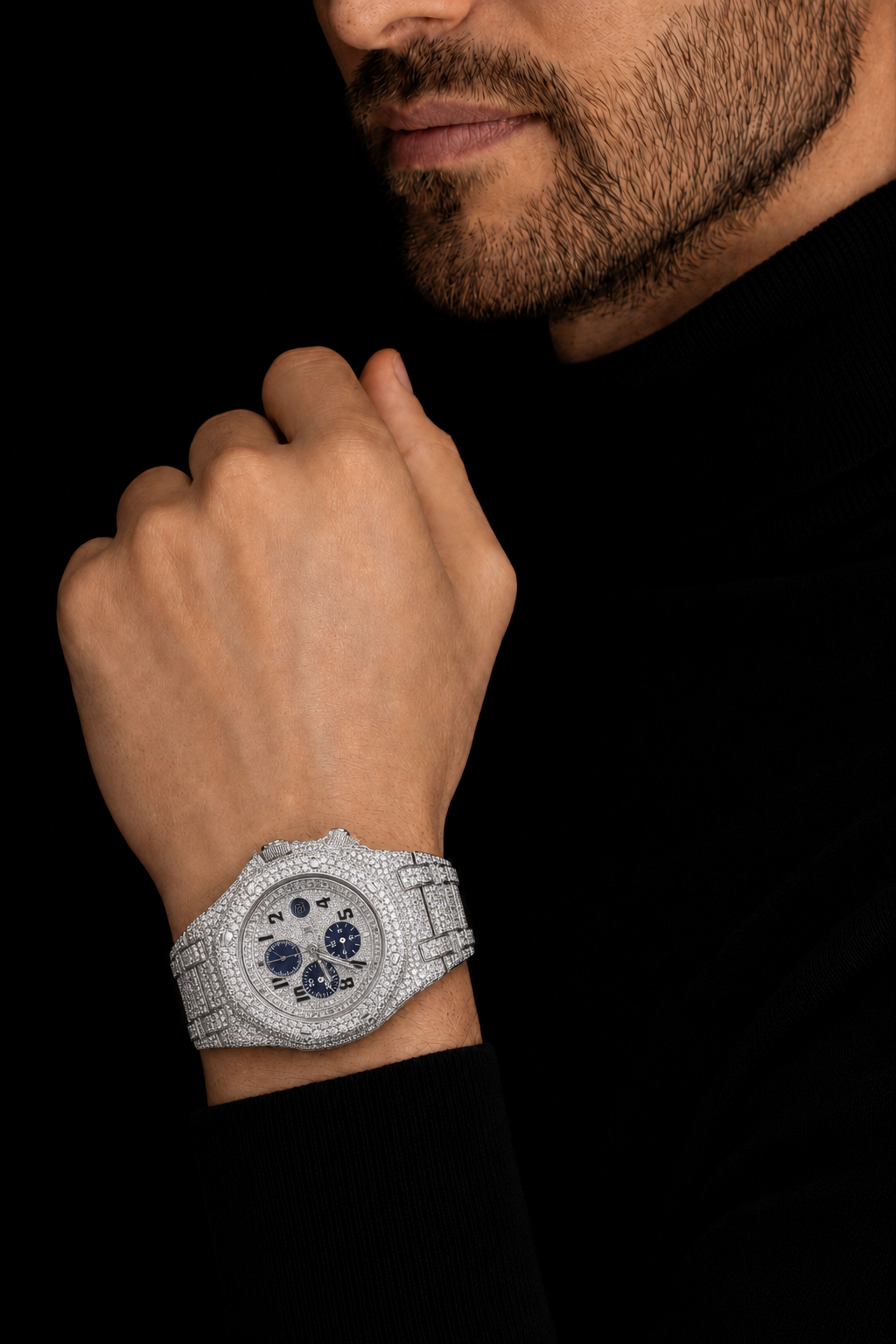 Silver Chronograph Iced Out Watch with VVS Moissanite Stones