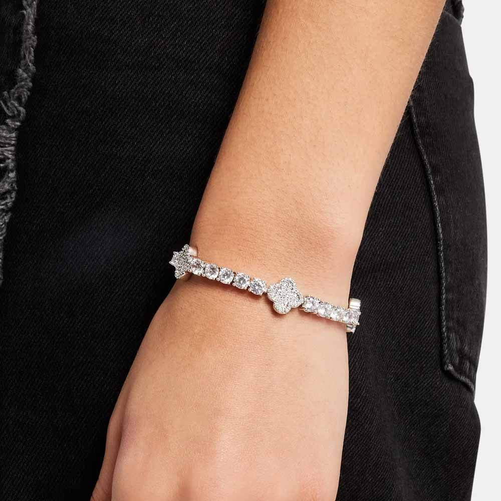 Clover Tennis Bracelet 925 Sterling Silver White Gold Finish